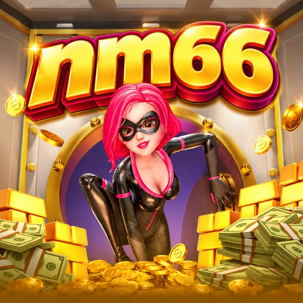 โลโก้ nm66 กับตัวละครจอมโจรสาวผมชมพูหน้าห้องนิรภัยใน Heist Stakes